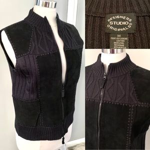 Woman’s Vintage Suede Patchwork Leather Vest M Black mixed pattern sleeveless